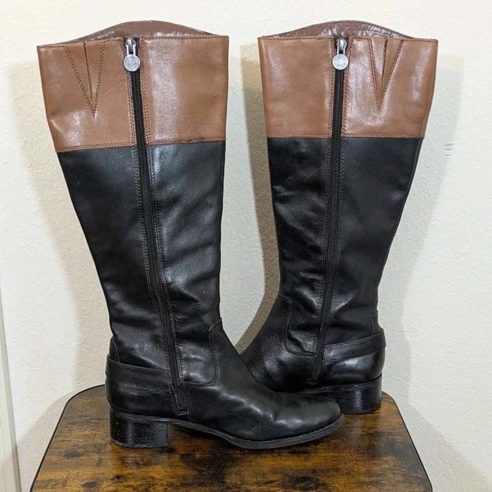 Franco Sarto Tall‎ Riding Boots Black Brown Leather Crest Detail Women US 8